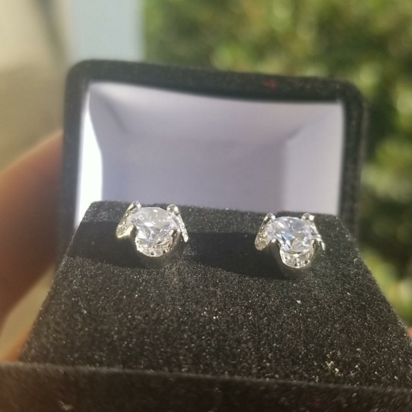 Sterling Silver 925 Rhodium finish Round Clear CZ Stud Earrings - Picture 2 of 3